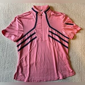 Jamie Sadock women’s golf shirt, pink with navy blue stripes, women’s small